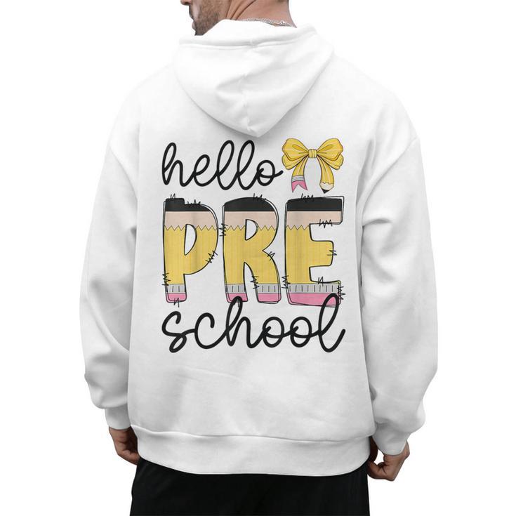 Hello Pre-K Preschool Back To School First Day Teacher Kids Men's Hoodie Back Print