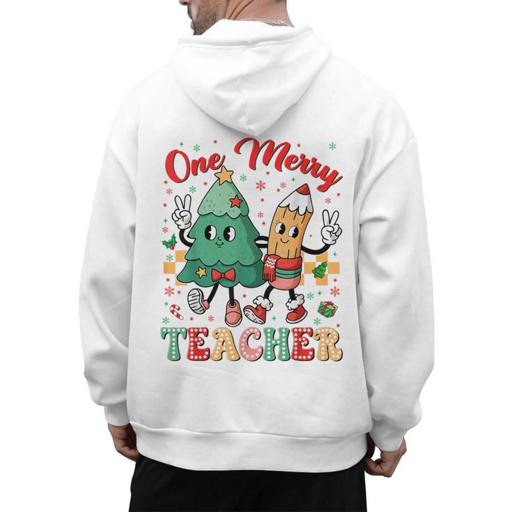 One Merry Teacher Groovy Christmas Tree Pjs Xmas Teacher Men's Hoodie Back Print