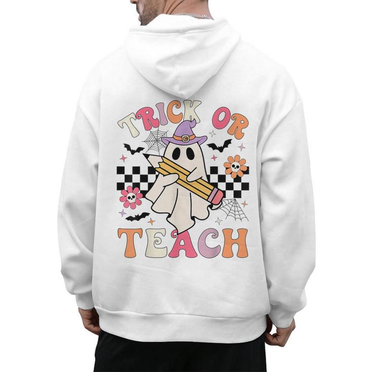 Trick Or Teach Groovy Teacher Halloween Retro Floral Ghost Men's Hoodie Back Print