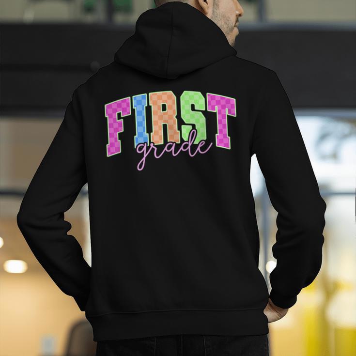 Back To School Neon Checkered First Grade Colorful Teacher Men's Hoodie Back Print, First Grade Teacher Hoodies, funny gift