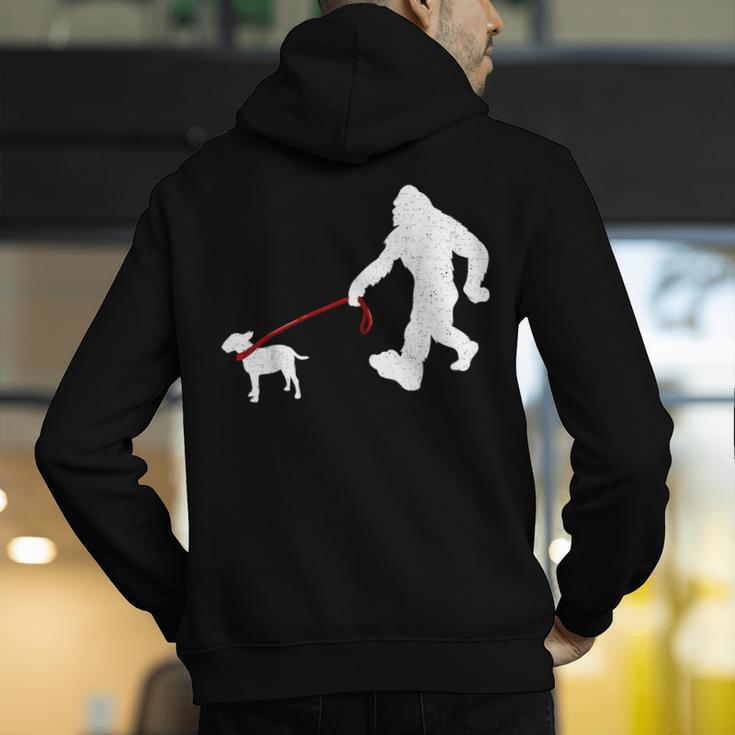 Bigfoot Walking With Bull Terrier Dog Men's Hoodie Back Print, funny gift