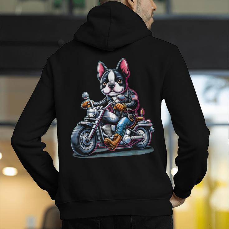 Biker Boston Terrier Dog Riding Motorbike Men's Hoodie Back Print, Boston Terrier Riding Hoodies, funny gift