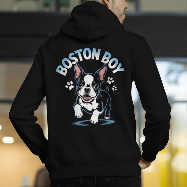 Boston Terrier Boy Cute Cartoon Dog Owner Pet Boston Terrier Men's Hoodie Back Print, funny gift