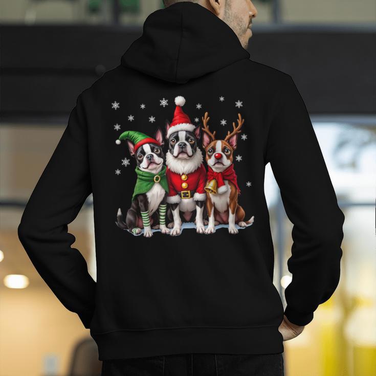 Boston Terrier Christmas Dogs Santa Reindeer Elf Men's Hoodie Back Print, Boston Terrier Christmas Hoodies, funny gift