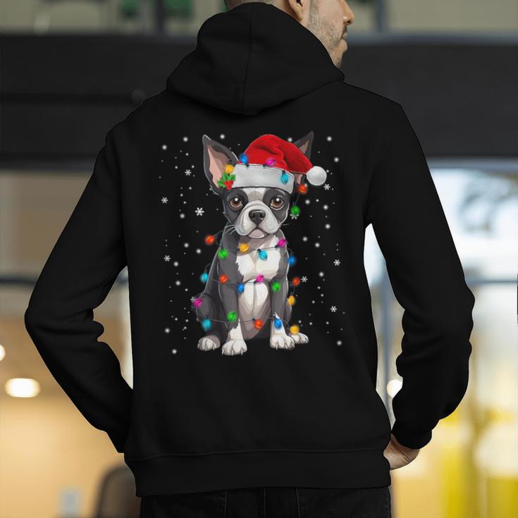 Boston Terrier Christmas Santa Hat Tree Lights Pajama Men's Hoodie Back Print, Boston Terrier Christmas Hoodies, funny gift