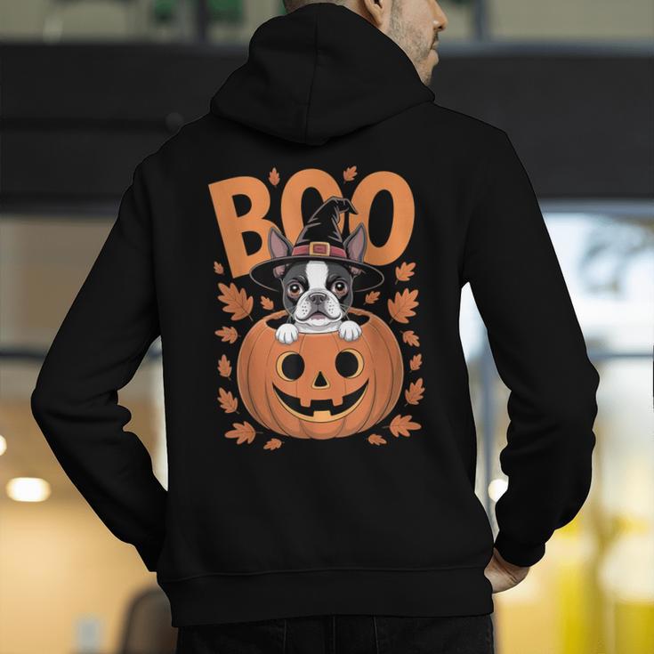 Boston Terrier Costume On Pumpkin Halloween Boston Terrier Men's Hoodie Back Print, Boston Terrier Halloween Hoodies, funny gift