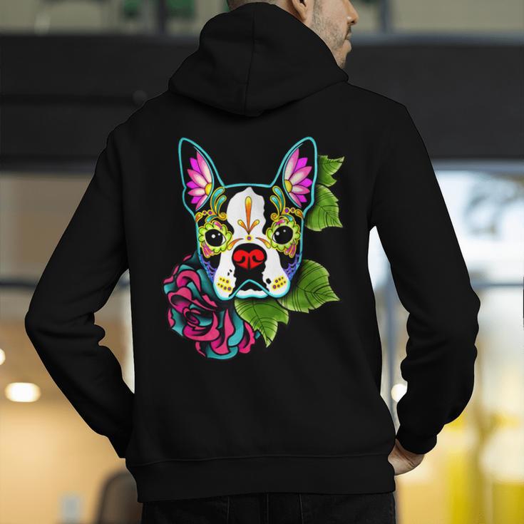 Boston Terrier In Day Of The Dead Sugar Skull Dog Men's Hoodie Back Print, funny gift