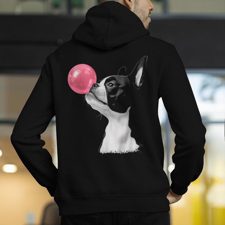 Boston Terrier Dog Blowing Chewing Bubble Gum Pink Men's Hoodie Back Print, funny gift