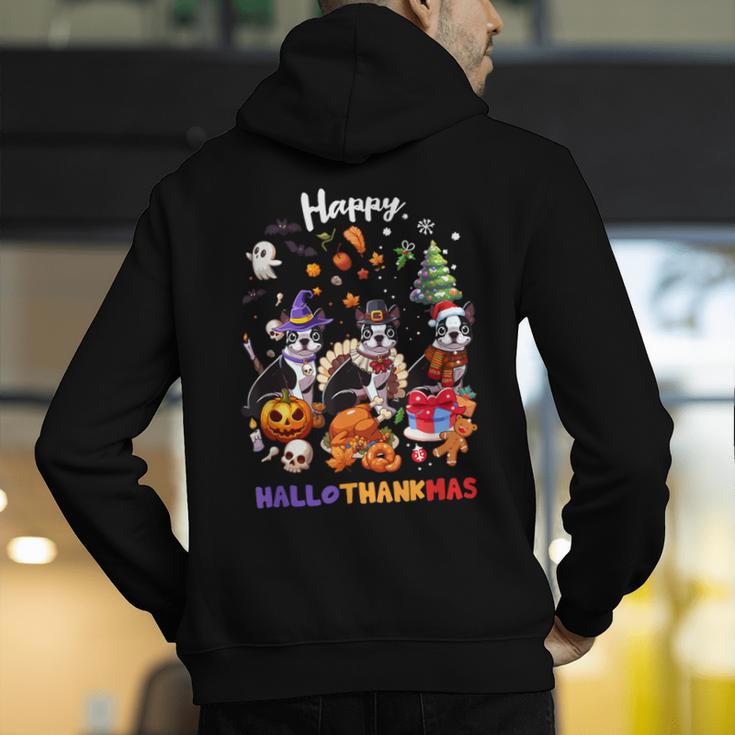 Boston Terrier Dog Christmas Happy Hallothankmas Halloween For Men Women Kids Men's Hoodie Back Print, Boston Terrier Halloween Hoodies, Boston Terrier Christmas Hoodies, funny gift