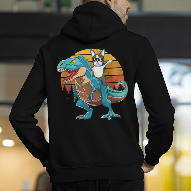 Boston Terrier Dog Riding Dinosaur T Rex Boys Men's Hoodie Back Print, Boston Terrier Riding Hoodies, funny gift