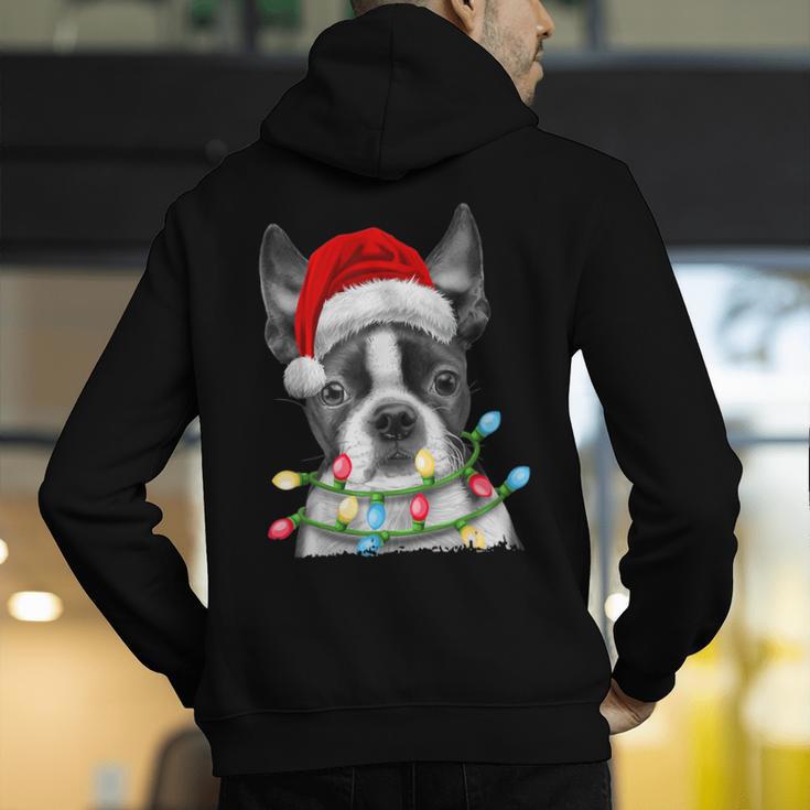 Boston Terrier Dog Santa Christmas Tree Lights Xmas Men's Hoodie Back Print, Boston Terrier Christmas Hoodies, funny gift