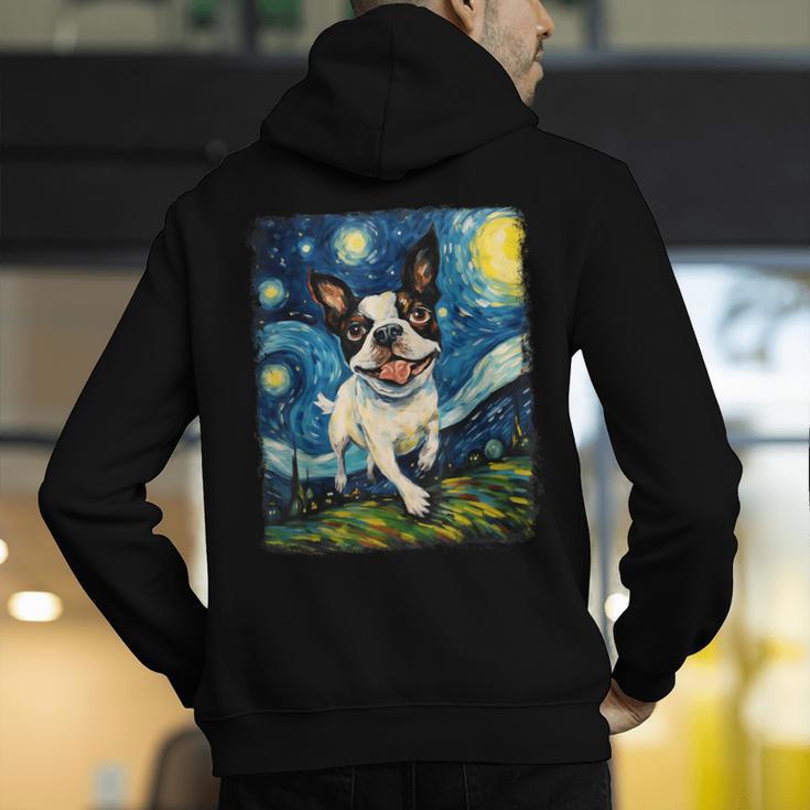 Boston Terrier Dog Starry Night Painting Men's Hoodie Back Print, funny gift