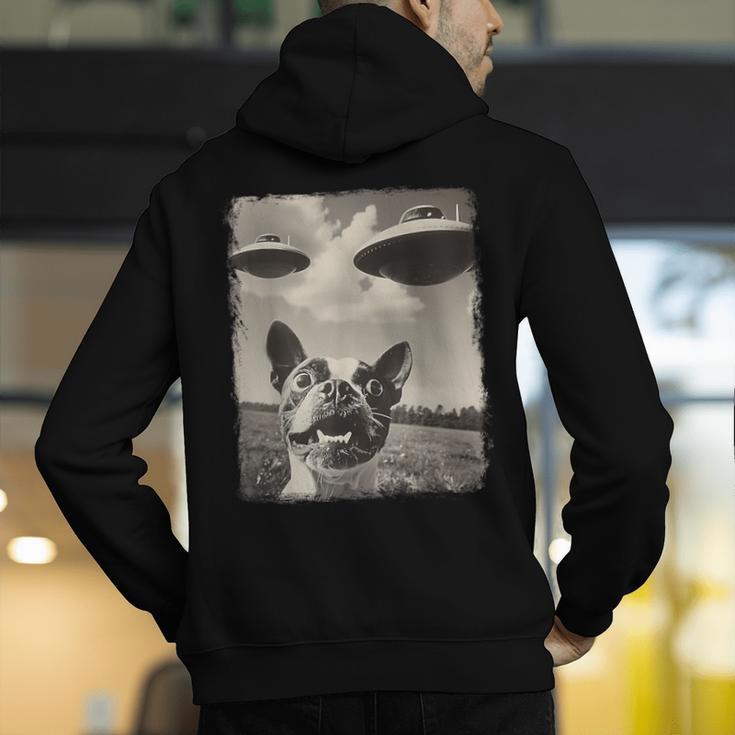 Boston Terrier Dog UFO Alien Extraterrestrial Selfie Men's Hoodie Back Print, funny gift