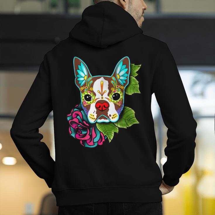 Boston Terrier In Red Day Of The Dead Sugar Skull Dog Men's Hoodie Back Print, funny gift
