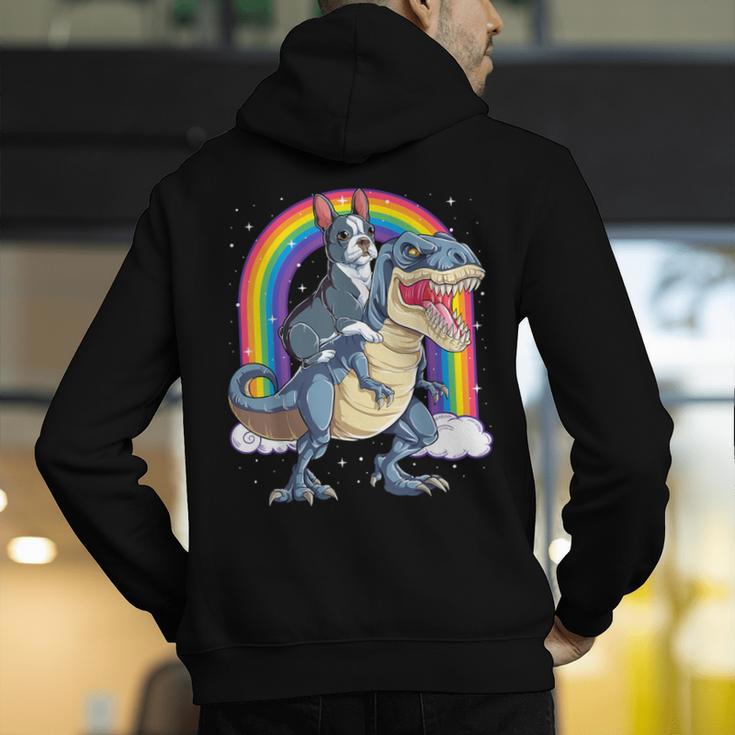 Boston Terrier Riding Dinosaur T-Rex Boys Kids Rainbow Men's Hoodie Back Print, Boston Terrier Riding Hoodies, funny gift