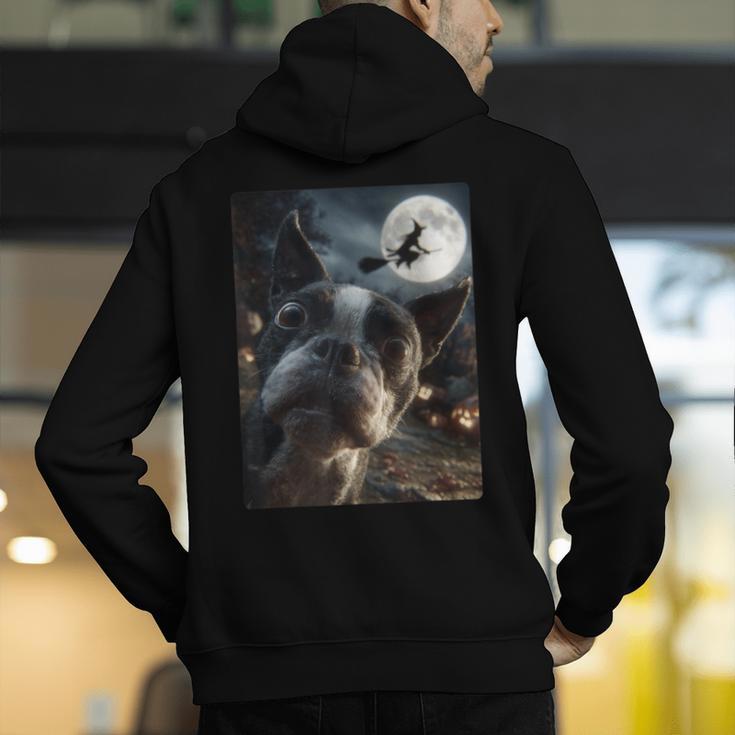 Boston Terrier Selfie Full Moon Flying Witch Halloween Dog Men's Hoodie Back Print, Boston Terrier Halloween Hoodies, funny gift