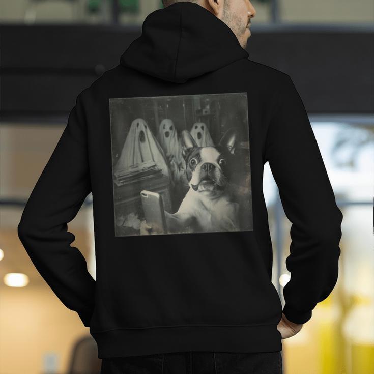 Boston Terrier Selfie With Ghosts Halloween Dog Lover Men's Hoodie Back Print, Boston Terrier Halloween Hoodies, funny gift