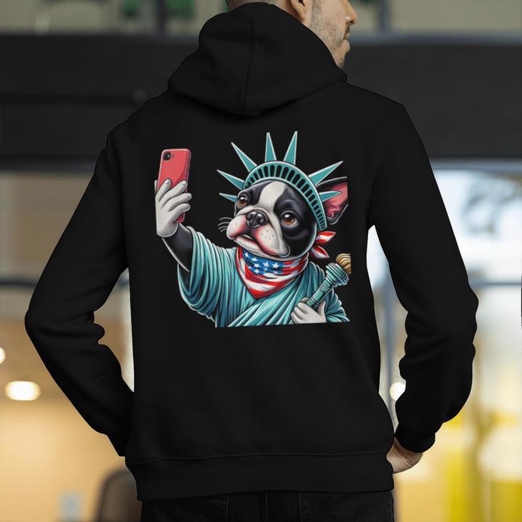 Boston Terrier Selfie Statue Of Liberty 4th Of July American Men's Hoodie Back Print, American Boston Terrier Hoodies, Boston Terrier 4th Of July Hoodies, funny gift