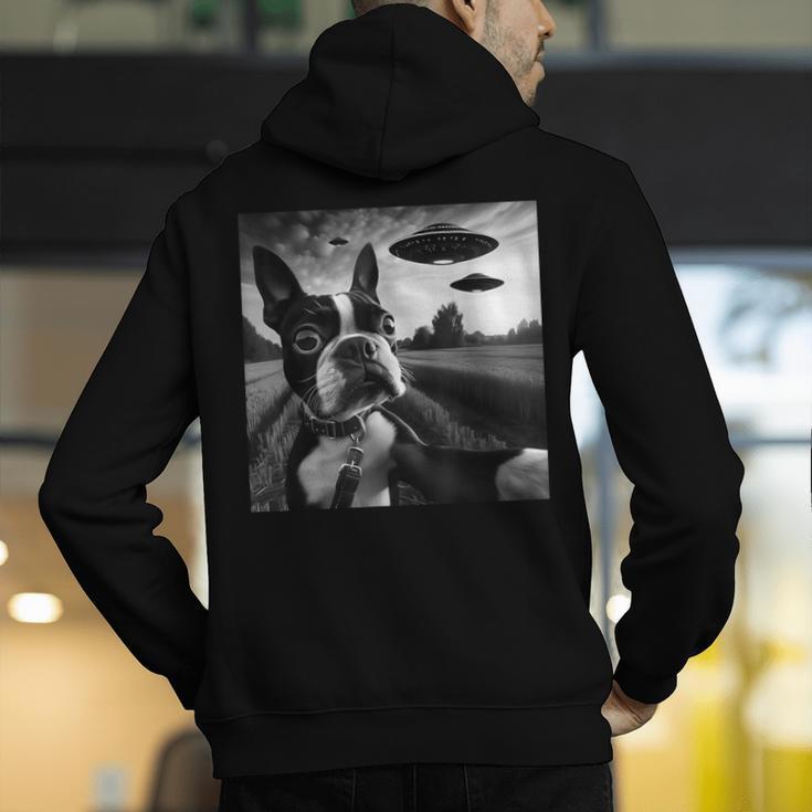 Boston Terrier Graphic Selfie With UFOs Weird Aliens Men's Hoodie Back Print, funny gift