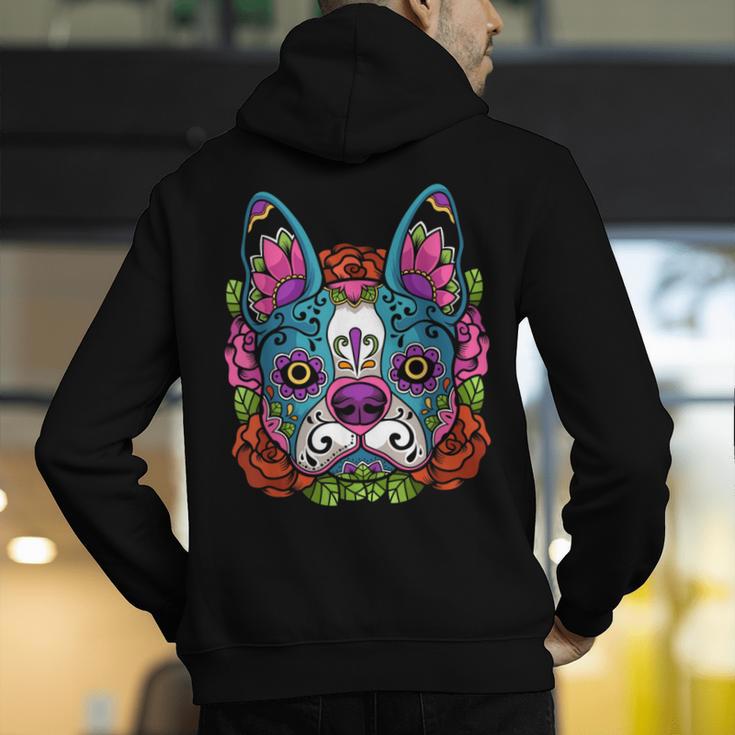 Boston Terrier Sugar Skull Dog Day Of The Dead Men's Hoodie Back Print, funny gift