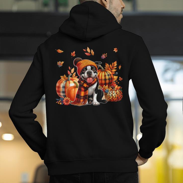 Boston Terrier Thanksgiving Leopard Pumpkins Fall Leaves Men's Hoodie Back Print, Boston Terrier Thanksgiving Hoodies, funny gift