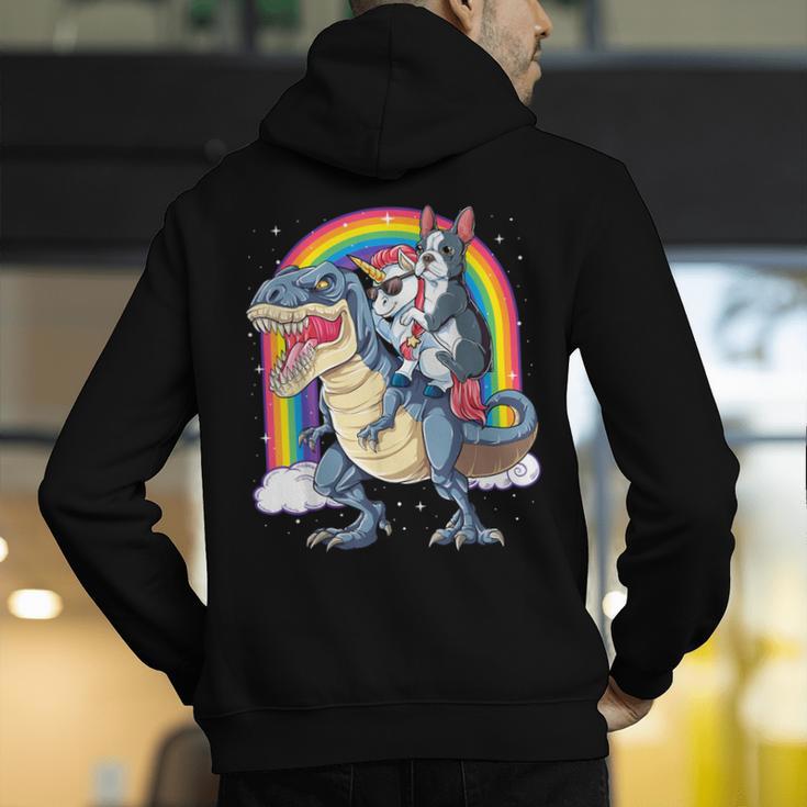 Boston Terrier Unicorn Riding Dinosaur T-Rex Girls Rainbow Men's Hoodie Back Print, Boston Terrier Riding Hoodies, funny gift