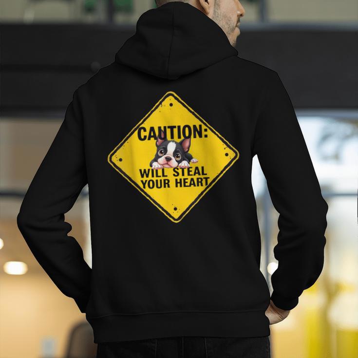 Caution Sign Boston Terrier Dog Bostie Puppy Men's Hoodie Back Print, funny gift