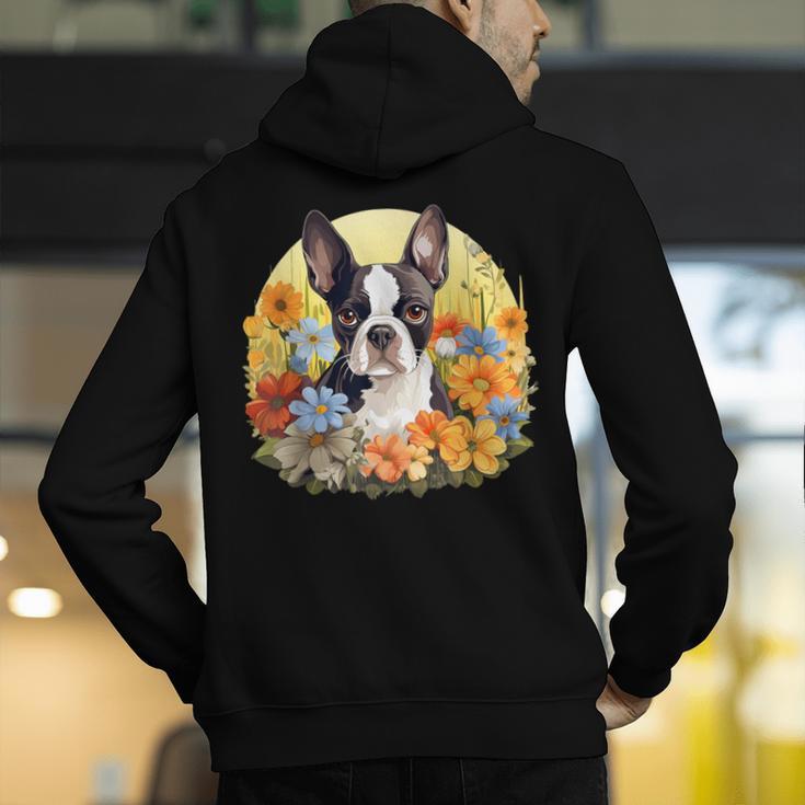 Cute Boston Terrier Spring Flower Garden Colorful Puppy Dog Men's Hoodie Back Print, funny gift