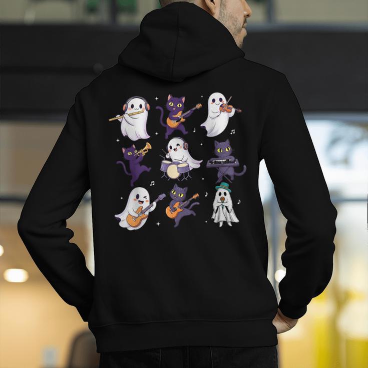 Cute Ghost Cat Playing Musical Halloween Music Teacher Men's Hoodie Back Print, funny gift Cute Ghost Cat Playing Musical Halloween Music Teacher Men's Hoodie Back Print, funny gift