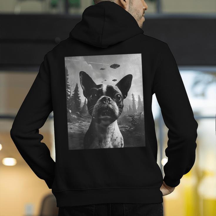 Dog Mom Dad Alien Selfie Boston Terrier UFO For Men Women Men's Hoodie Back Print, Boston Terrier Mom Hoodies, Boston Terrier Dad Hoodies, funny gift