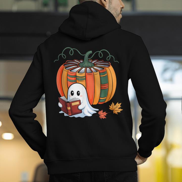 Fall Book Pumpkin Ghost Reading Books Halloween Teacher Men's Hoodie Back Print, funny gift