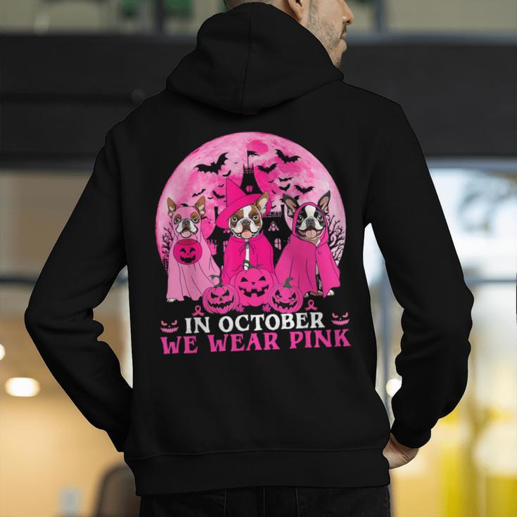 Ghost And Witch Boston Terrier Dog In October We Wear Pink Men's Hoodie Back Print, Boston Terrier Ghost Hoodies, funny gift