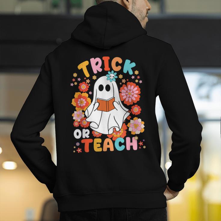 Groovy Halloween Trick Or Teach Retro Floral Ghost Teacher For Men Women Kids Men's Hoodie Back Print, Groovy Teacher Hoodies, funny gift