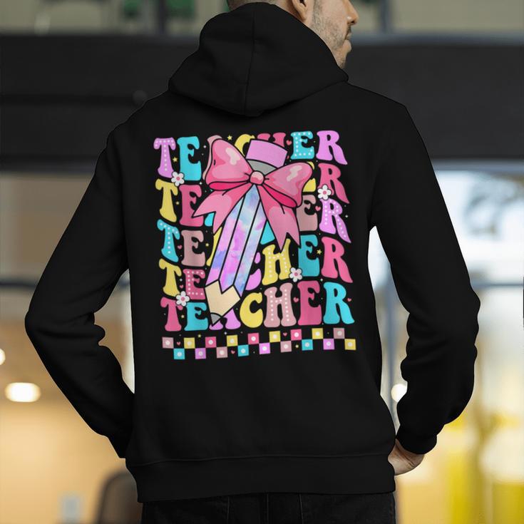 Groovy Teacher Cute Coquette Bow Flower Retro Back To School Men's Hoodie Back Print, Groovy Teacher Hoodies, funny gift