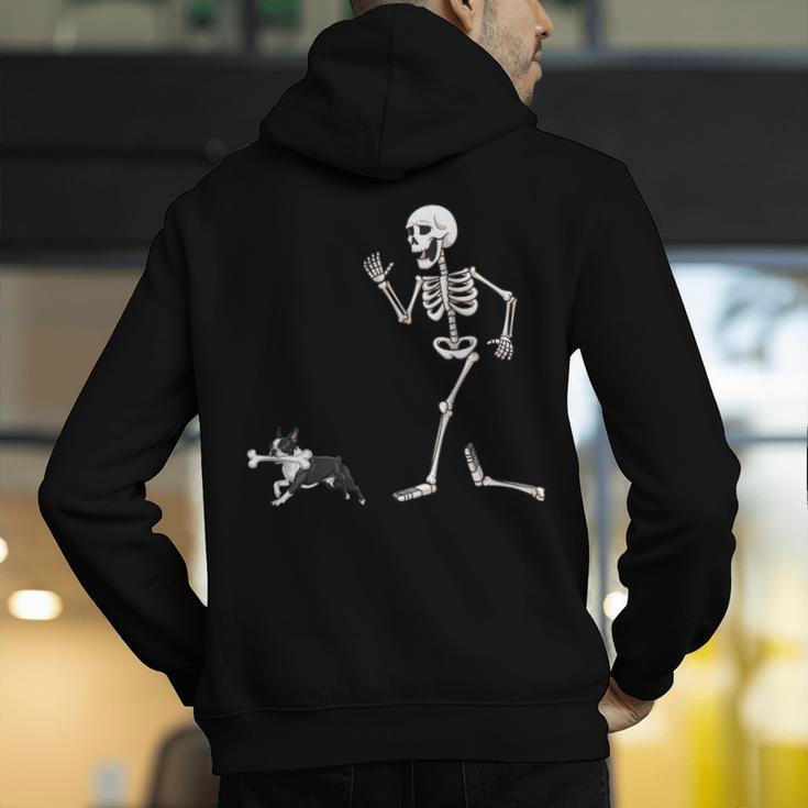 Halloween Boston Terrier And Skeleton Men's Hoodie Back Print, Boston Terrier Halloween Hoodies, funny gift