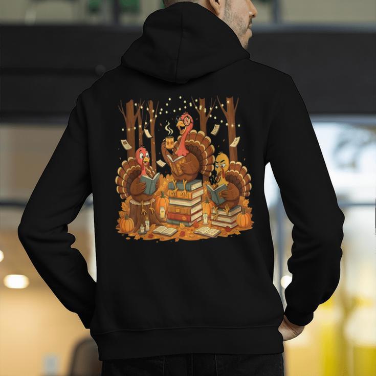 Librarian Turkey Reading Book Fall Thanksgiving Teacher Men's Hoodie Back Print, funny gift