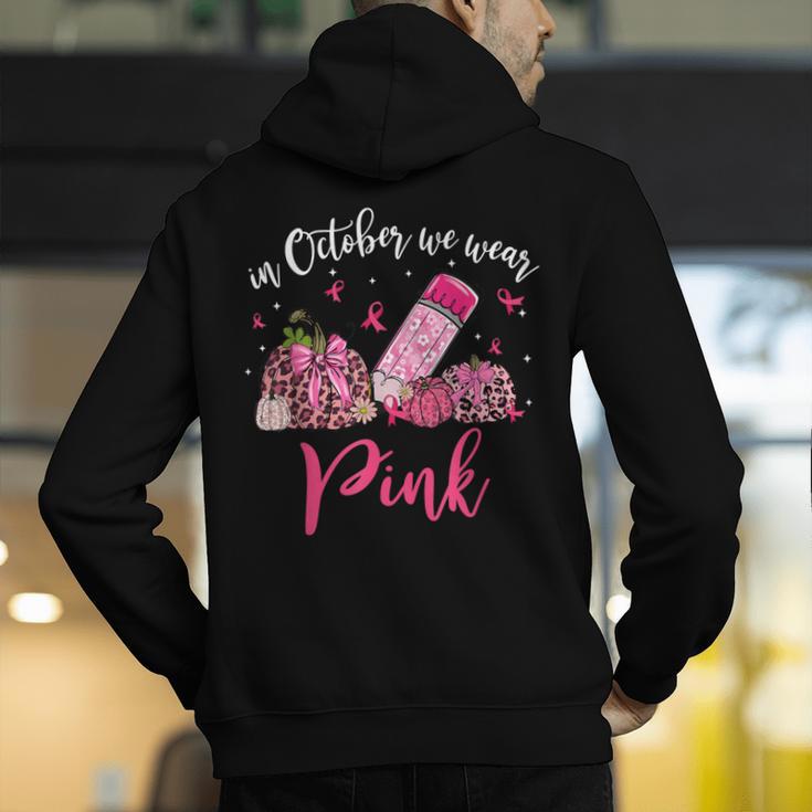 In October We Wear Pink Apple Teacher Daisy Breast Cancer Men's Hoodie Back Print, funny gift In October We Wear Pink Apple Teacher Daisy Breast Cancer Men's Hoodie Back Print, funny gift