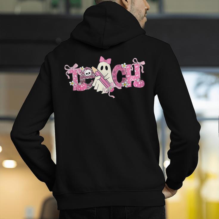 Pink Ghost Teach Halloween Teacher In Spooky Season Men's Hoodie Back Print, funny gift