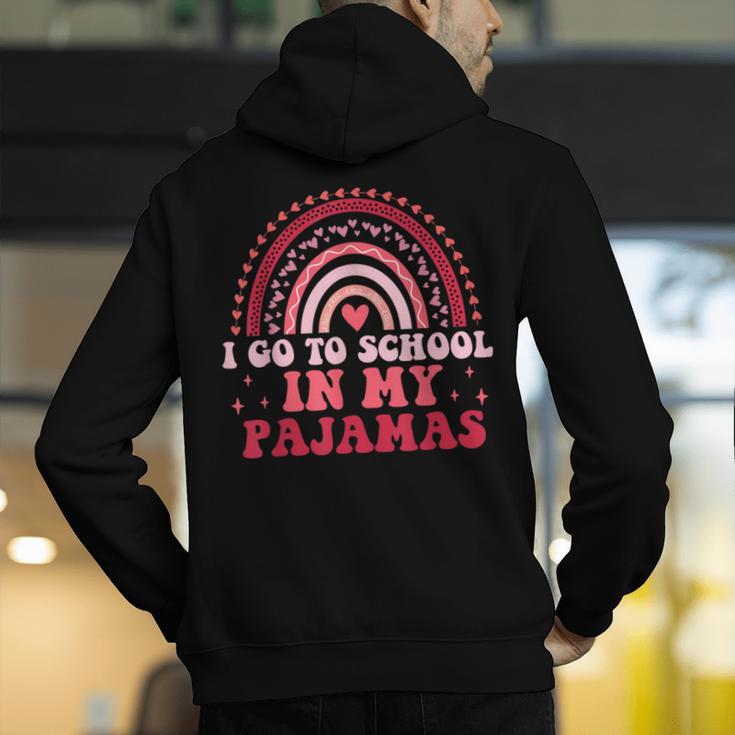 Rainbow Homeschool Mom Teacher I Go To School In My Pajamas Men's Hoodie Back Print, funny gift