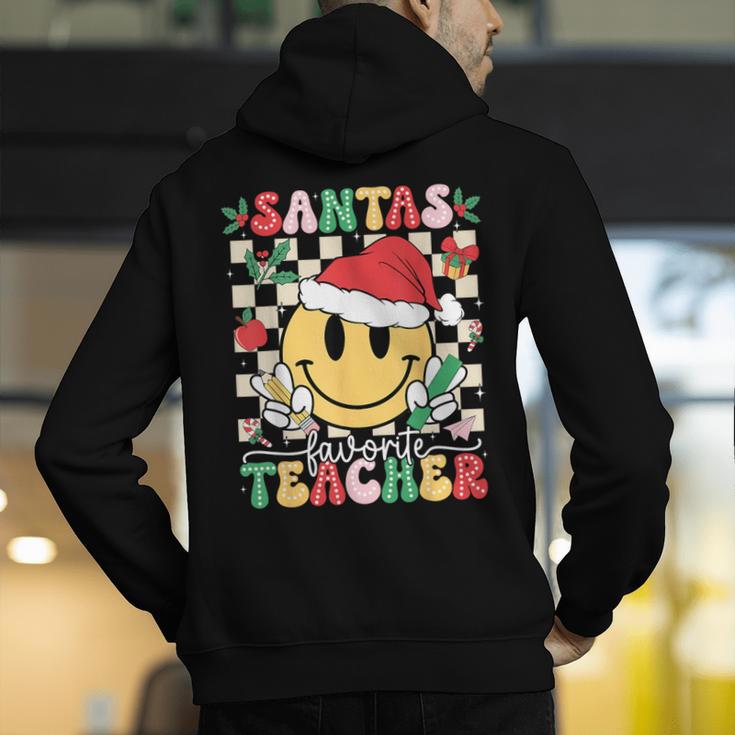 Santas Favorite Teacher Retro Groovy Smile Face Christmas Men's Hoodie Back Print, Groovy Teacher Hoodies, funny gift