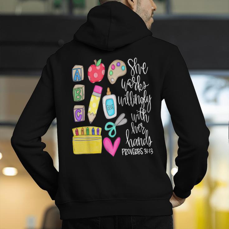 She Works Willingly With Her Hands Proverbs Daycare Teacher Men Women Men's Hoodie Back Print, funny gift She Works Willingly With Her Hands Proverbs Daycare Teacher Men Women Men's Hoodie Back Print, funny gift
