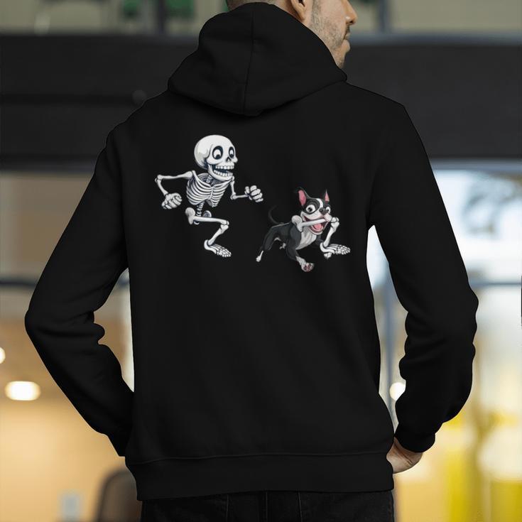 Skeleton Chasing Dog Boston Terrier Halloween Pet Lover Men's Hoodie Back Print, Boston Terrier Halloween Hoodies, funny gift