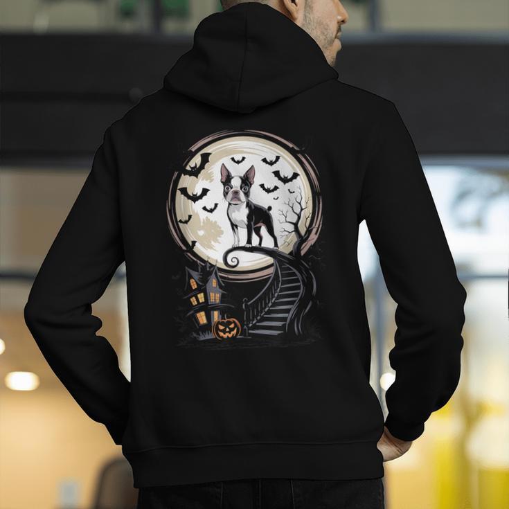 Spooky Halloween Moon Boston Terrier Boston Bull Bostie Men's Hoodie Back Print, Boston Terrier Halloween Hoodies, funny gift