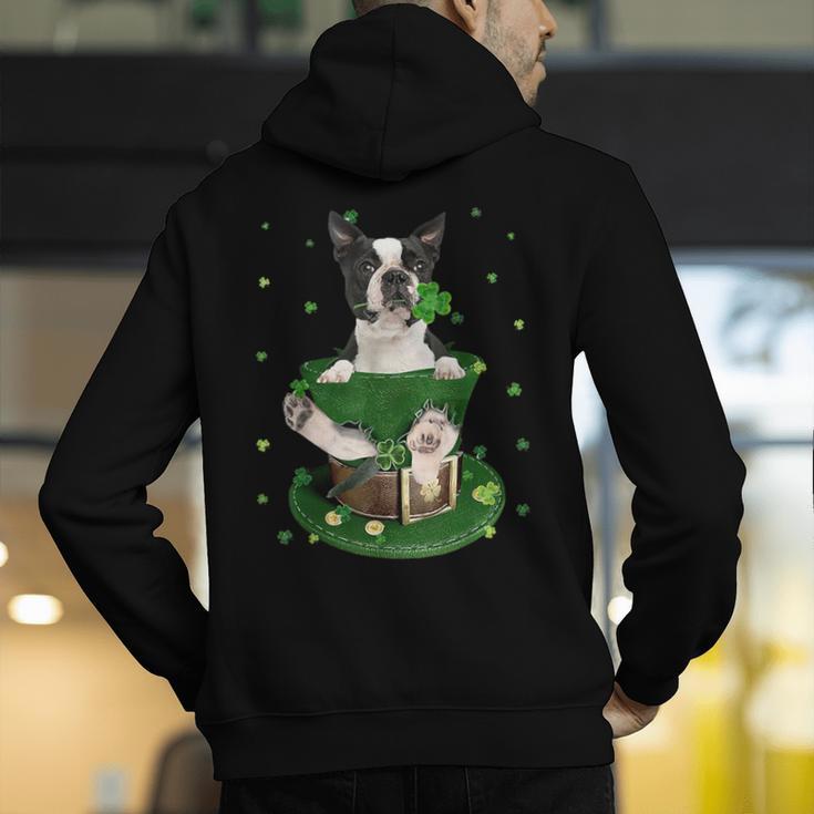 St Patrick's Day Leprechaun Boston Terrier Dog Shamrock For Men Women Kids Men's Hoodie Back Print, funny gift