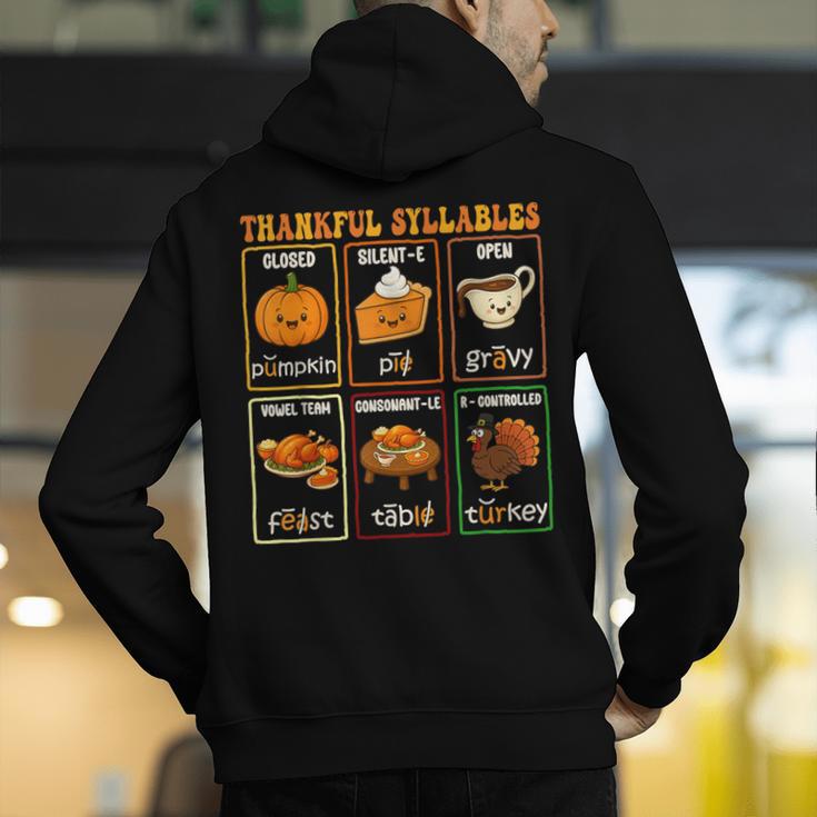 Thankful Syllables Thanksgiving Phonics Reading Teacher Fall Men's Hoodie Back Print, funny gift