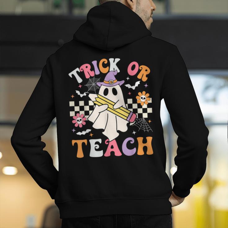 Trick Or Teach Groovy Teacher Halloween Retro Teacher Ghost Men's Hoodie Back Print, Groovy Teacher Hoodies, funny gift
