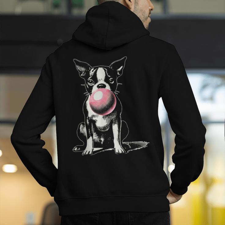 Vintage Boston Terrier Blowing Bubble Gum American Gentleman Men's Hoodie Back Print, American Boston Terrier Hoodies, funny gift