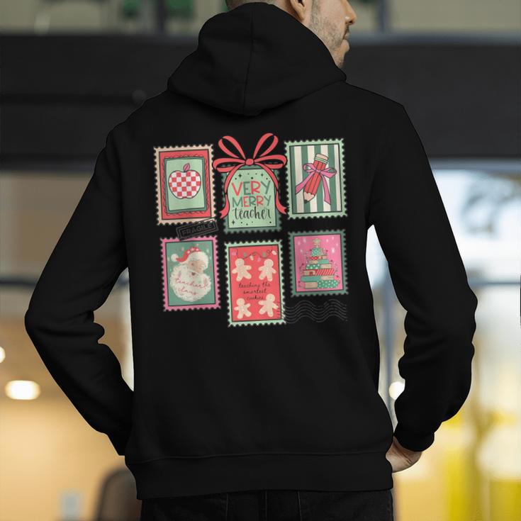 Vintage Preppy Very Merry Teacher Santa Stamps Christmas Men's Hoodie Back Print, funny gift Vintage Preppy Very Merry Teacher Santa Stamps Christmas Men's Hoodie Back Print, funny gift