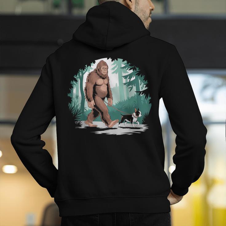 Whimsical Forest Adventures Sasquatch Bigfoot Walking Boston Terrier Dog Lovers Men's Hoodie Back Print, funny gift