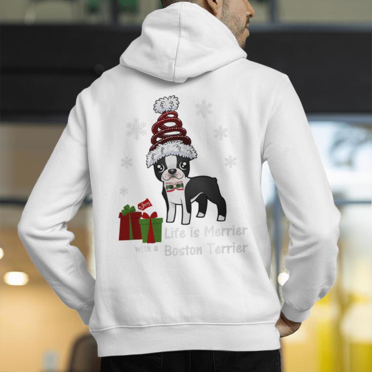 Boston Terrier Christmas T Shirt-Life Is Merrier Premium Tri-Blend Men's Hoodie Back Print, Boston Terrier Christmas Hoodies, funny gift